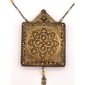 Antique Trinity Plate Jeweled Compact Purse Filigree Chain Tassel